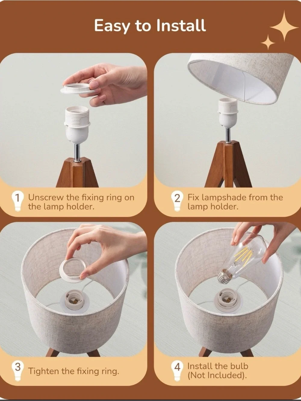 EDISHINE Wood Tripod Small Table Lamp Linen Beige Lampshade, Nightstand Lamp